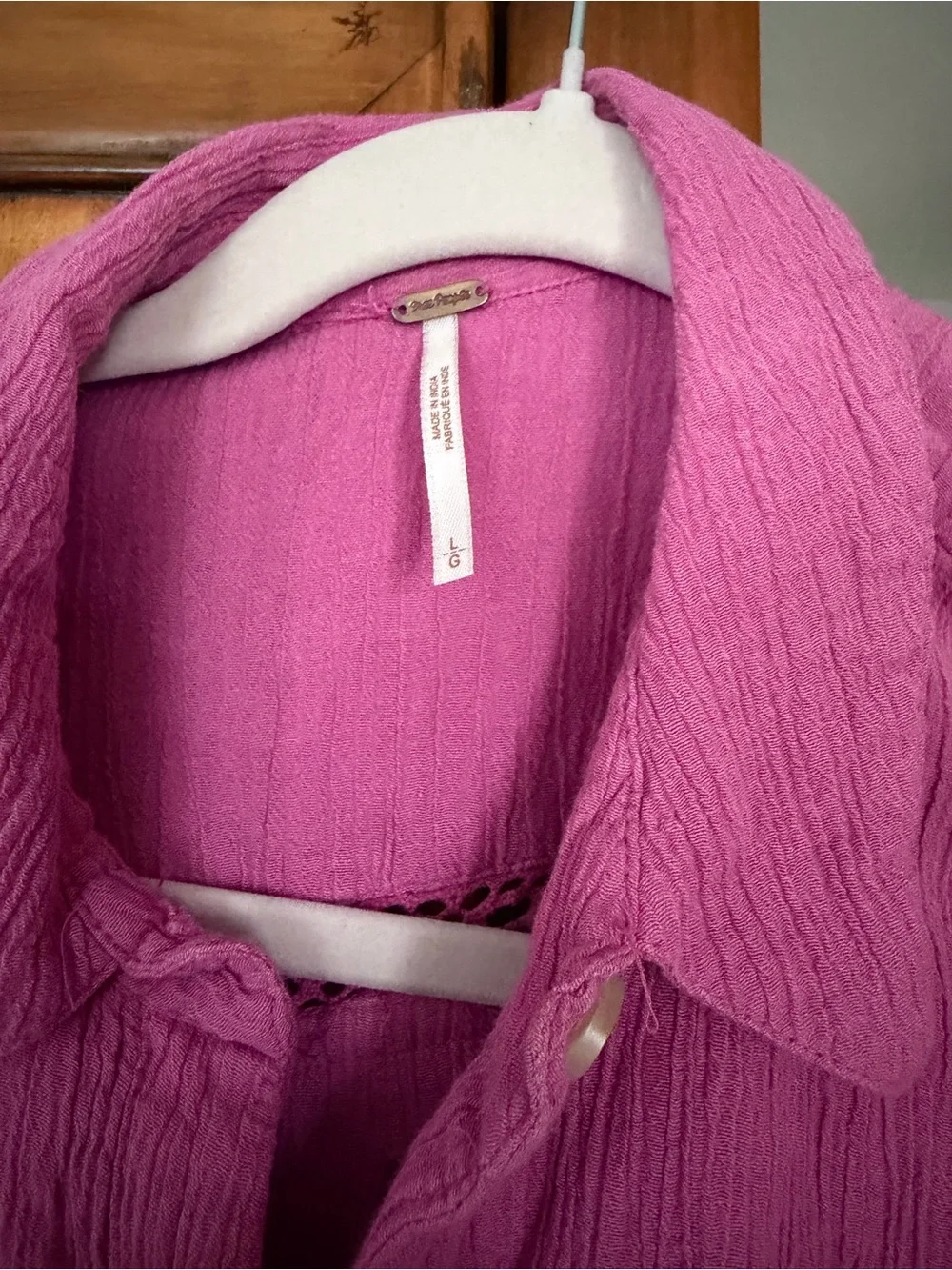 Free People Button-Front Lace Trim Shirt - Fuchsia Pink - Picture 3 of 4